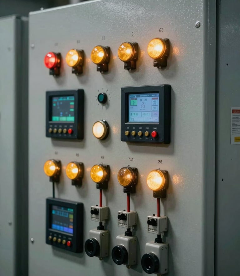 Close-up of a high-contrast industrial control panel with active amber indicator lights, wired terminals, and digital telemetry screens in a dark manufacturing environment.
