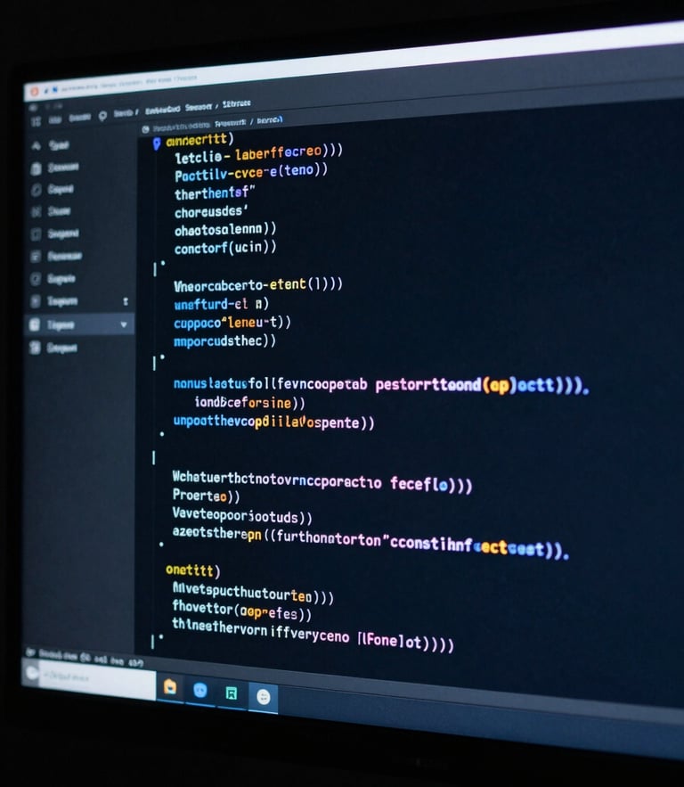 Macro close-up of high-contrast code on a sleek monitor screen in a dark room, cool crisp blue studio lighting, sharp focus, 35mm