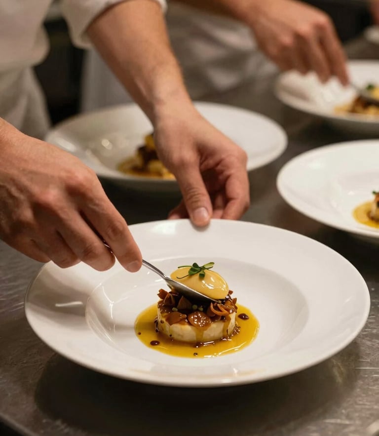 Warm editorial photography of hands plating a refined Emilian dish in an active kitchen, soft directional daylight, rich earthy tones, 35mm