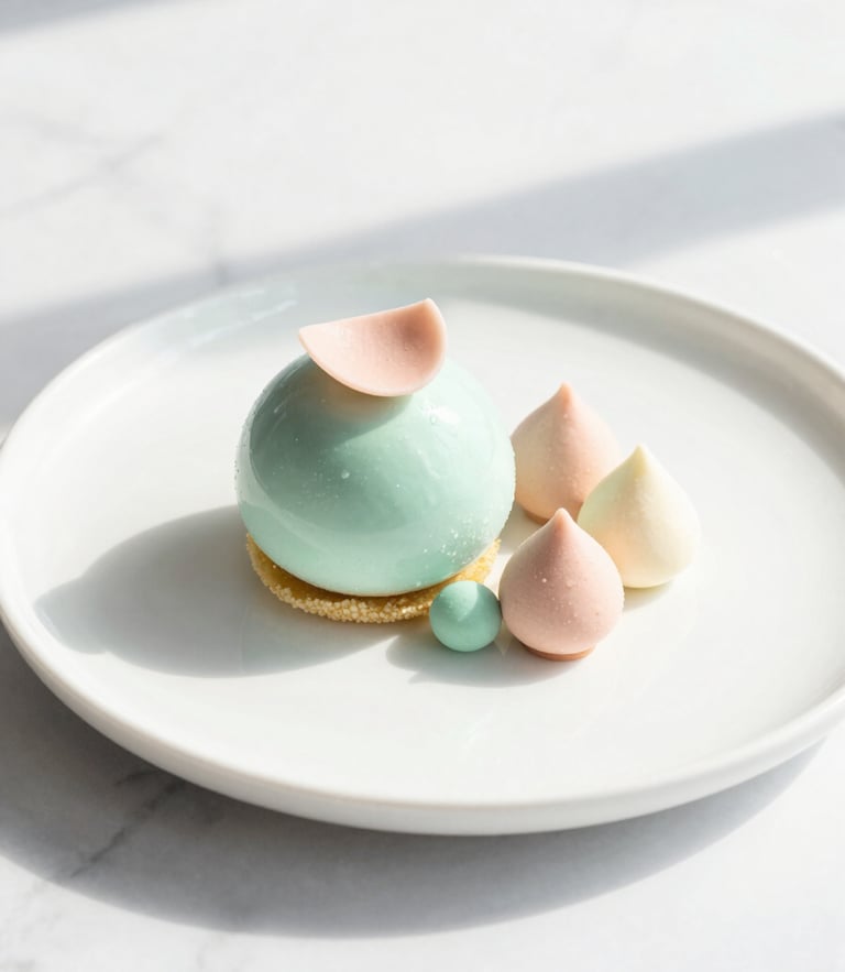 Bright high-key food photography, soft natural daylight, a modern plated dessert with delicate pastel mint and blush accents, clean white marble background, 35mm