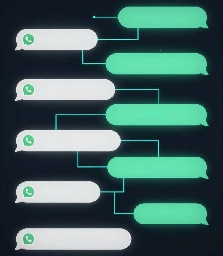 Abstract vector interface showing a clean WhatsApp chat mockup on a dark background. Glowing cyan data lines connect natural Spanish dialogue bubbles, highlighting instant replies and transactional conversion.