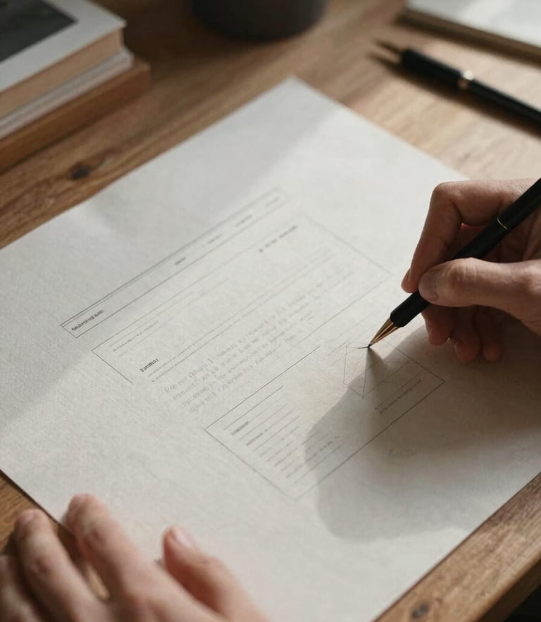 Close-up of hands sketching a minimalist website wireframe on heavy textured linen paper, soft north-facing daylight casting long gentle shadows across the wooden studio desk.