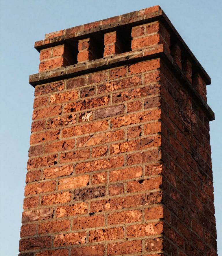 Close-up of a clean red brick chimney exterior rising against a bright clear blue sky, crisp daylight highlighting detailed masonry work, warm editorial style.