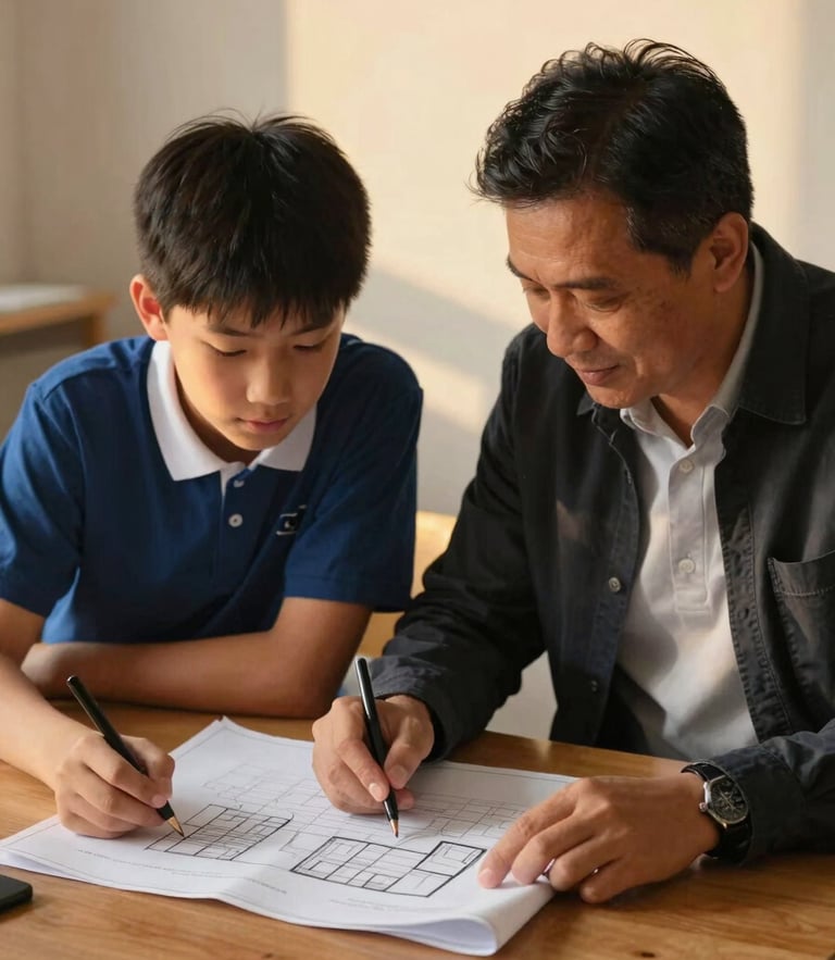 A mentor and a high school student sitting side-by-side at a wooden table, reviewing a project blueprint under warm golden-hour light, candid, authentic interaction