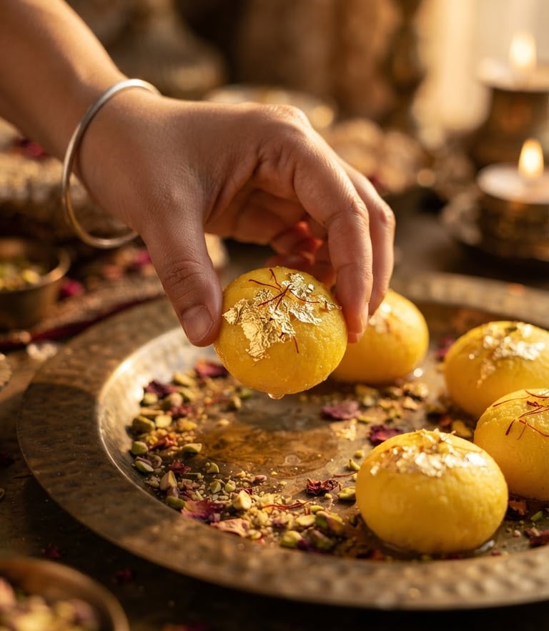 Macro close-up of a hand placing a gold-leaf-topped Kesar Rajbhog onto a heavy brass platter, warm directional side-lighting, shallow depth of field