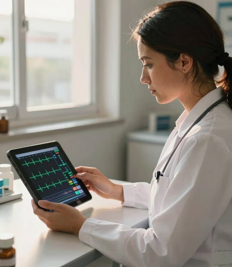 A professional clinical environment in Luanda, a female doctor in a white coat reviewing real-time patient ECG telemetry on a tablet screen, warm morning sunlight coming through the window, highly focused and authentic.