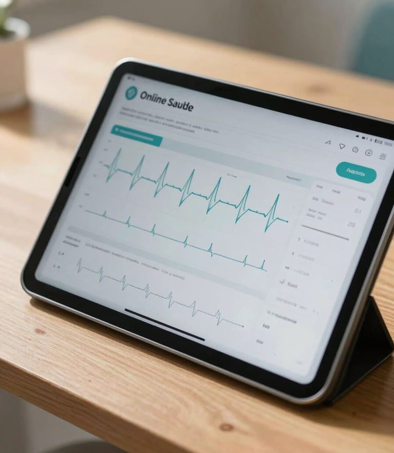 Close-up of a tablet screen displaying the Online Saude patient dashboard with clear heart rate charts and clinical data, resting on a wooden table in a sunlit medical clinic in Angola, warm natural light.