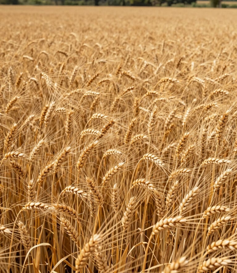 Crisp high-contrast daylight shot of a vast, uniform Punjab wheat field ready for harvest, golden crop ears in sharp focus with a deep green tree line in the background.