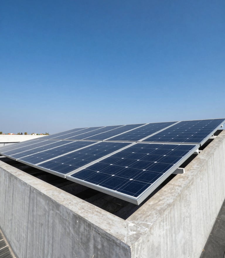 Sleek monocrystalline solar panels mounted on a modern concrete rooftop in India, bright direct sunlight, deep blue sky, sharp high-contrast architectural detail.