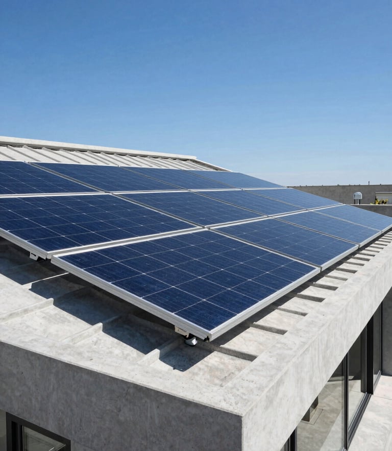 Sleek monocrystalline solar panels mounted on a modern concrete villa roof, shot from a high architectural angle under bright direct sunlight, deep blue sky.