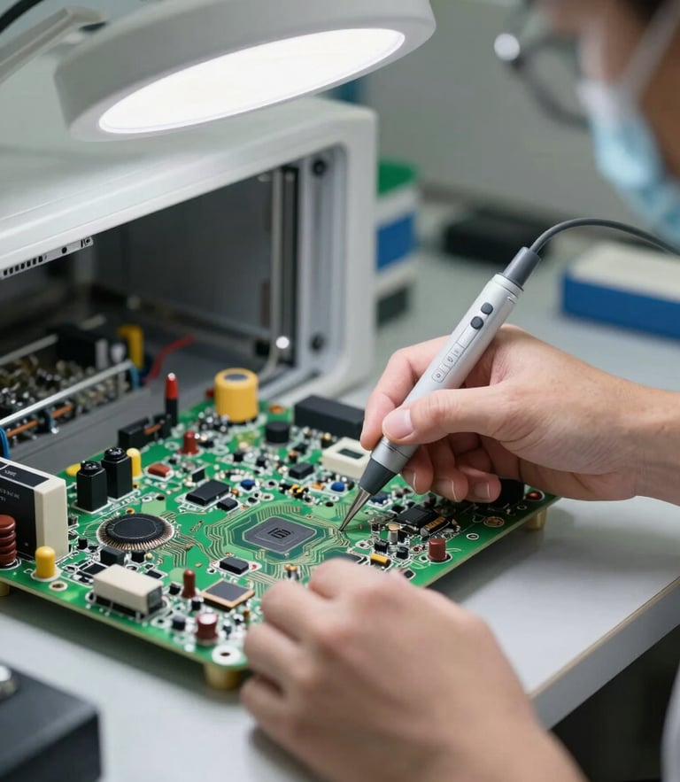 Macro shot of clean, professional hands using calibrated diagnostic tools on a modern appliance circuit board, high-CRI white work lights, clean workshop background