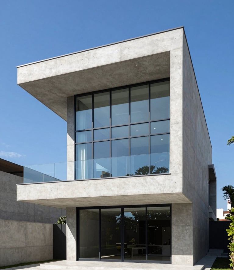 Crisp architectural photography of a completed luxury modern concrete and glass villa in São Paulo, bright natural daylight, clean blue sky, sharp focus, 35mm.