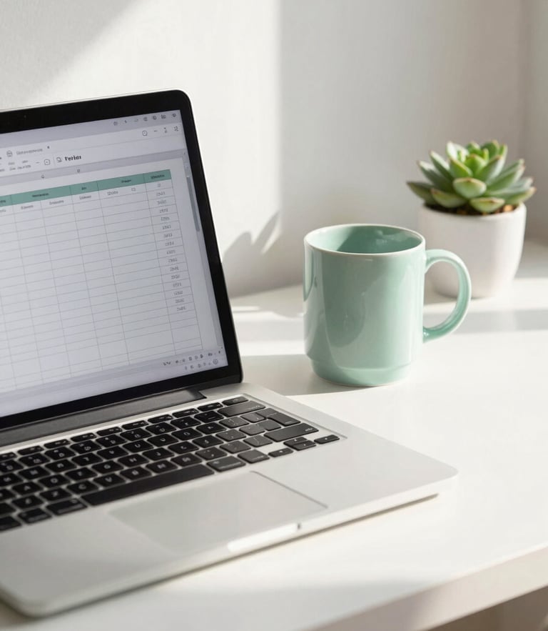 A clean, bright workspace in a North American / US home office featuring a laptop with a simple spreadsheet visible, a light green ceramic mug, and a small succulent plant, soft morning sunlight, professional and organized atmosphere.