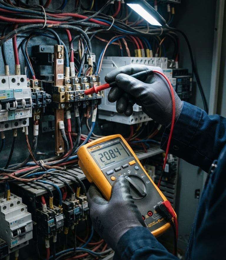 A close-up of technician hands using a digital multimeter to diagnose an electrical panel, bright direct work light, high-contrast cool tones, sharp details, 35mm lens