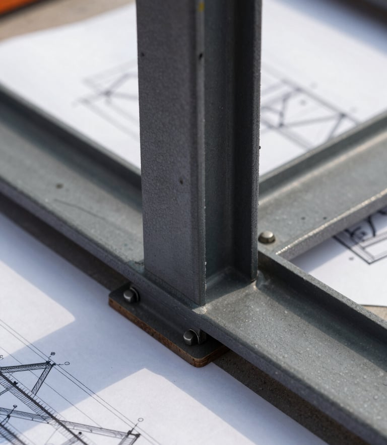 A sharp close-up of structural steel joints and architectural drawings on slate gray background, crisp natural daylight, technical detail