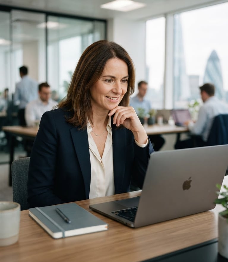 Medium-close portrait of a focused UK recruitment director in a bright, modern London office, neutral daylight, clean navy tones, sharp focus, 35mm