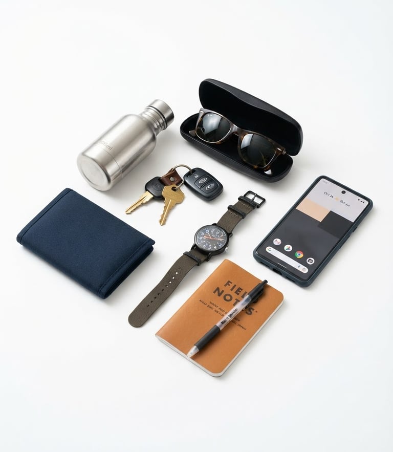 Bright high-key product photography of organized daily essentials on a clean white background, crisp studio light, 50mm lens