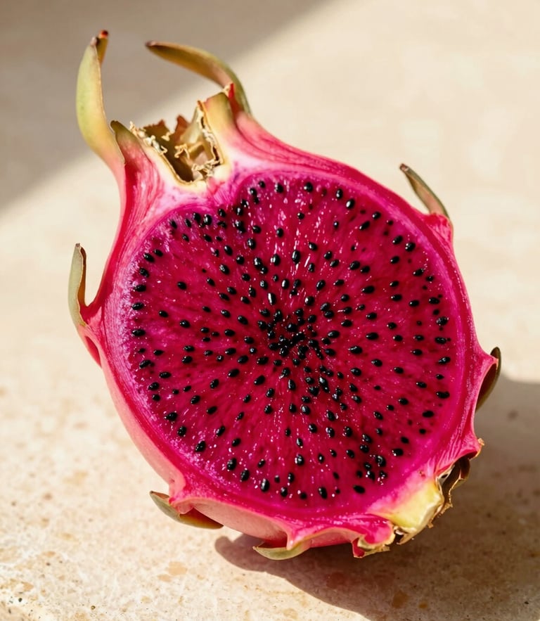 Macro shot of a vibrant pink dragon fruit cut in half, revealing rich red pulp with tiny black seeds, resting on a warm off-white stone surface under bright golden sun, 35mm