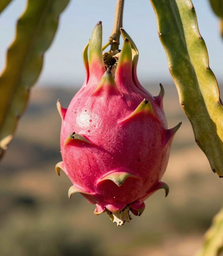 Close-up macro photography of a vibrant pink pitaya fruit hanging from a green vine, natural sunlight highlighting the scaly texture, Andalusian hills blurred in the background, warm editorial style, 35mm