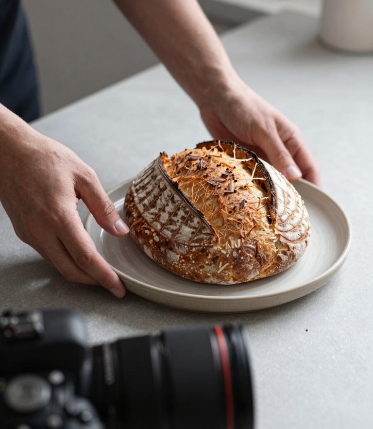 Close-up of hands adjusting a ceramic plate with artisanal sourdough bread under soft natural light, a professional camera lens visible in the foreground, Scandinavian minimalist kitchen setting.