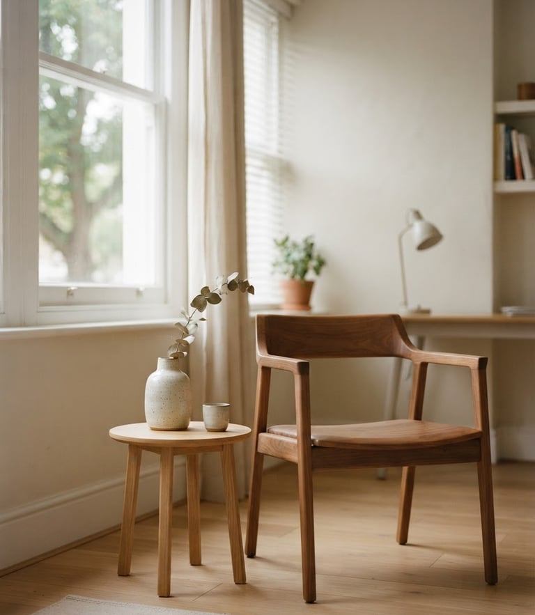 A bright, minimalist clinical consulting room with a warm wooden chair, a small side table with a ceramic vase, soft natural window light casting gentle shadows, 35mm editorial photography.