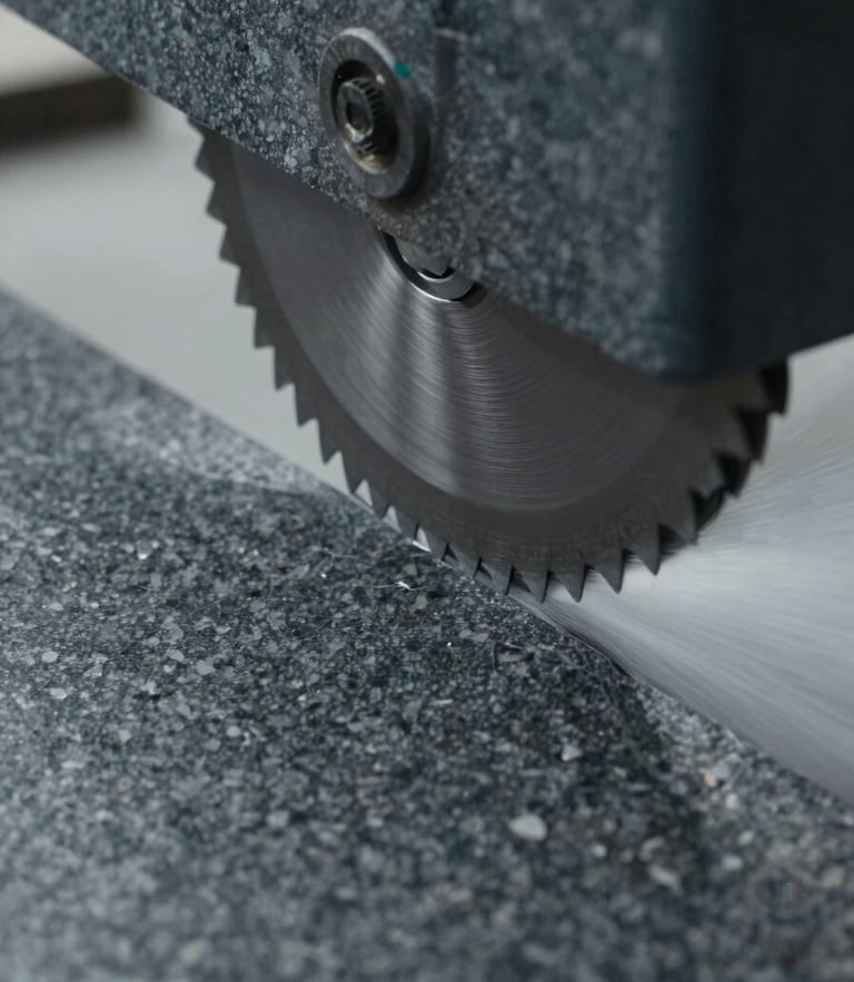 Extreme close-up of a diamond-wire blade slicing through dark gray granite, high-pressure water jets spraying, cold overcast workshop lighting, sharp focus on cut edge.