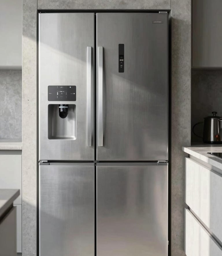 Straight-on architectural photograph of a premium brushed-steel refrigerator integrated into a modern concrete kitchen, soft morning side-light, 50mm lens
