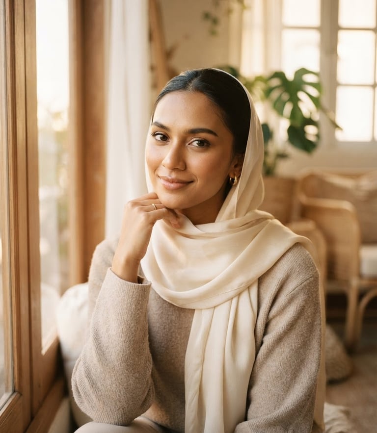 Warm editorial portrait of a modern Malaysian woman wearing a soft cream-colored silk scarf, soft golden-hour window light, muted beige tones, shallow depth of field, 35mm lens.