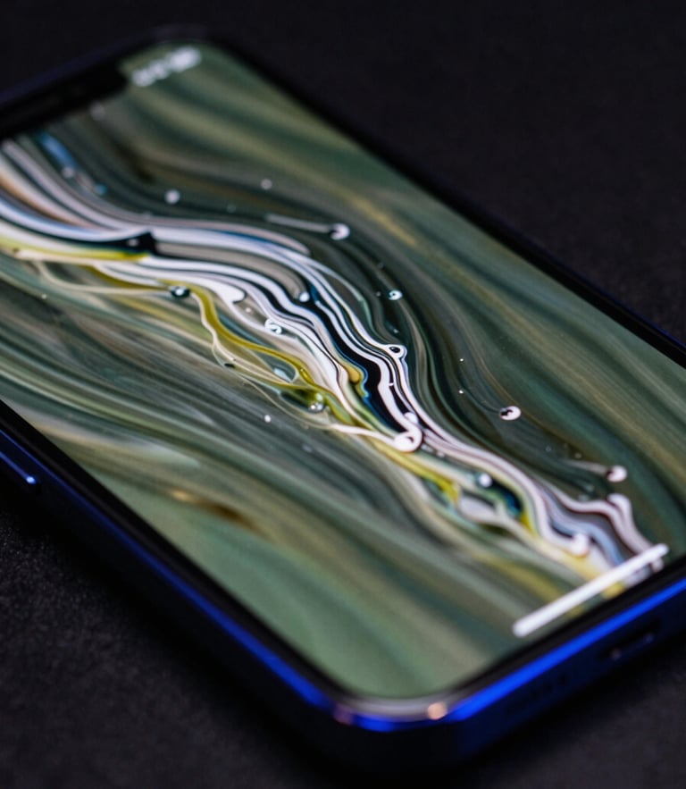 Macro close-up of a physical mobile screen showing a fluid 120Hz animation transition, reflected in low-key studio lighting with sharp electric-blue edge glow