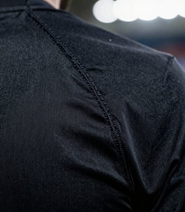 Extreme macro close-up of high-tension flatlock stitching on a matte black athletic jersey, dramatic stadium rim lighting, sharp focus on technical fabric fibers.