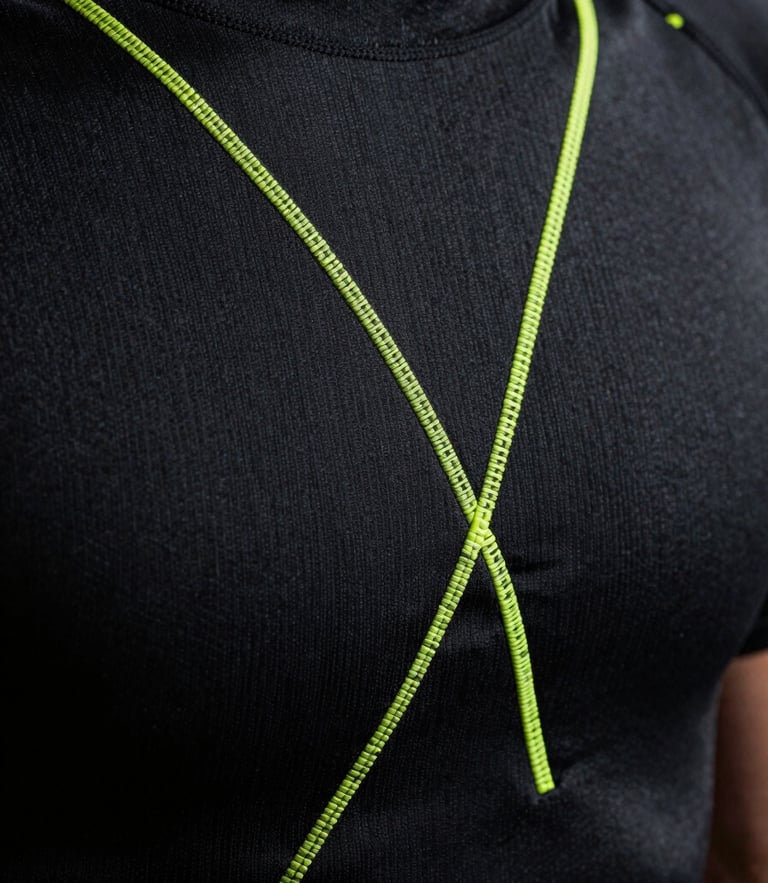 Extreme macro close-up of a high-performance sportswear garment, sharp neon volt flatlock stitching on technical matte black compression fabric, dramatic studio rim lighting, shallow depth of field