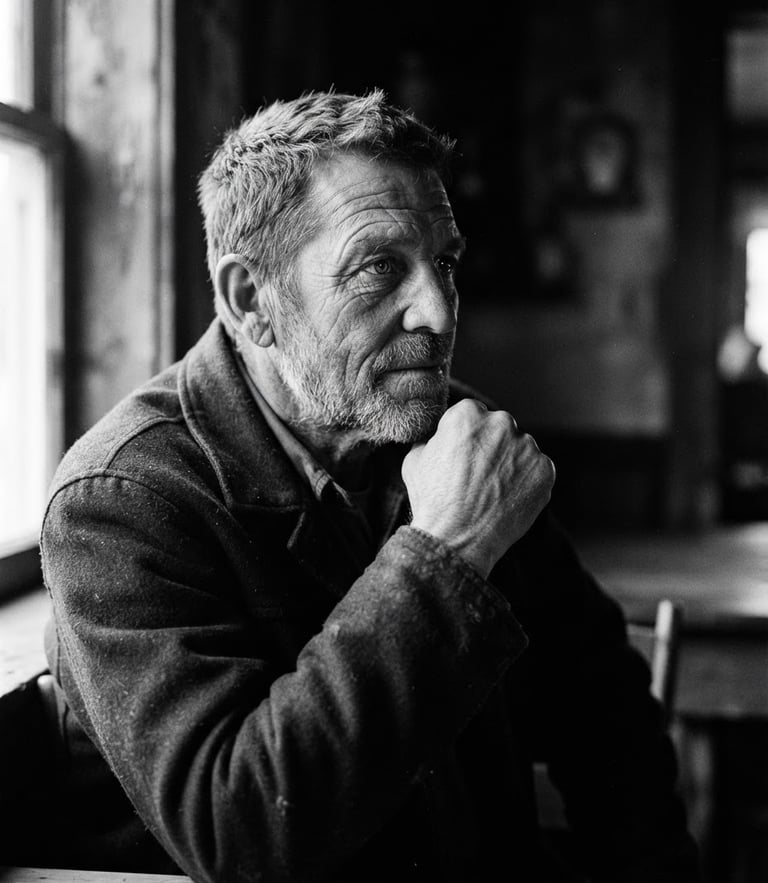Cinematic black and white portrait of a person looking thoughtfully off-camera, dramatic natural side-lighting, deep shadows, visible film grain, 35mm aesthetic.
