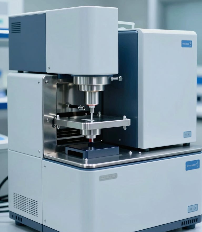 A close-up of a modern high-performance liquid chromatography HPLC system in a sterile laboratory, clean blue and white tones, stainless steel details, no people.