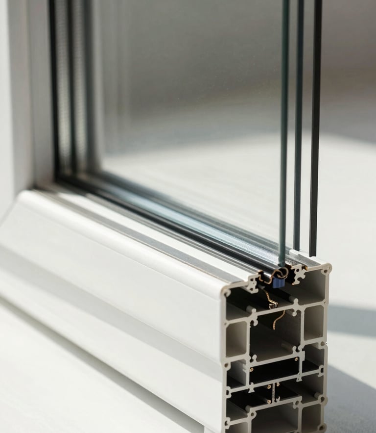 Crisp architectural technical drawing of a multi-chambered uPVC window profile, showing internal steel reinforcement and triple-gasket seals, natural side lighting, high-contrast details.