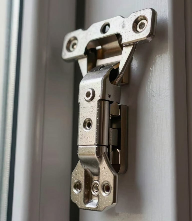 Macro close-up of a heavy-duty German-engineered tilt-and-turn window hinge mechanism, clean anodized steel, dramatic low-angle architectural lighting.