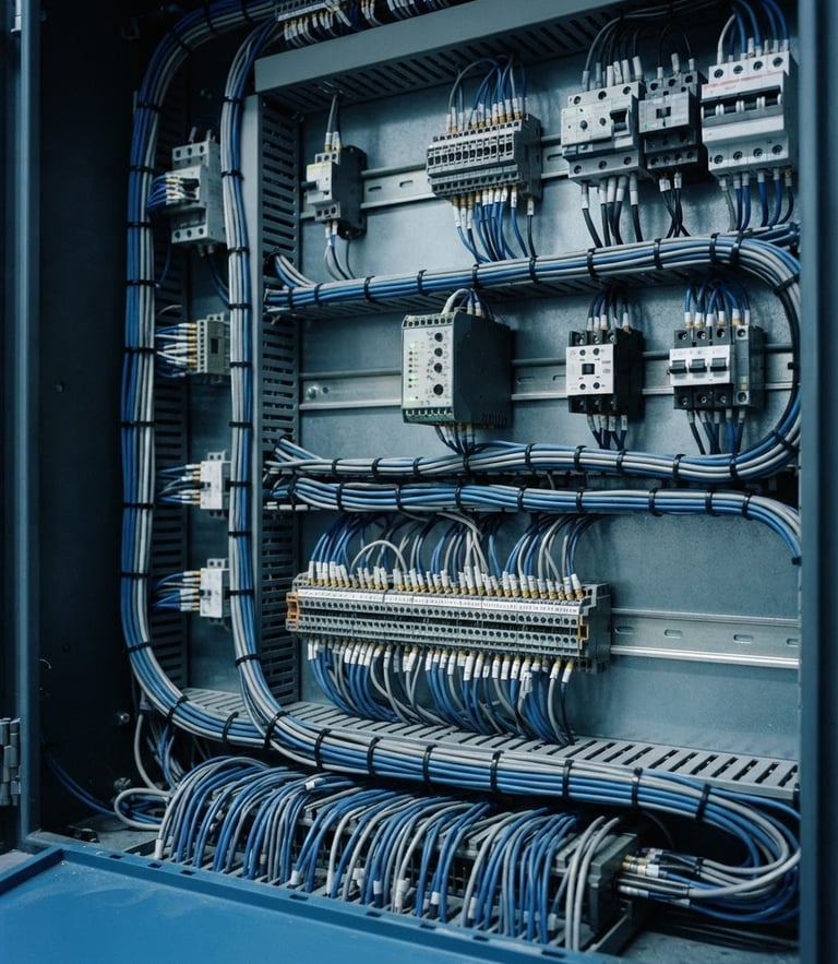 Close-up of organized wiring inside a technical protection panel, clean slate and blue tones, crisp technical lighting, sharp focus, 35mm