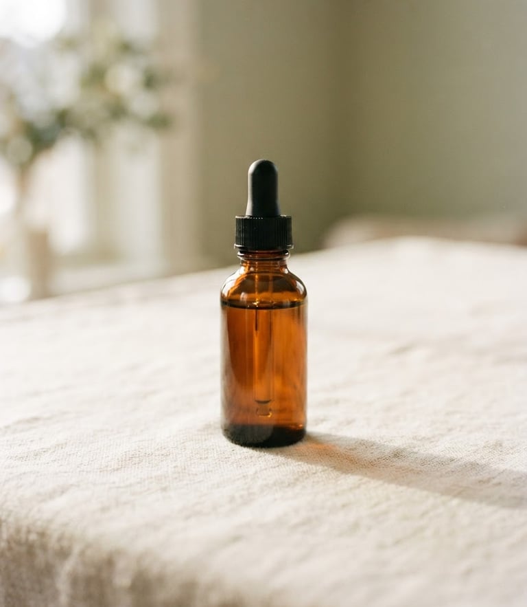 An elegant amber glass dropper bottle casting a soft shadow on a textured cream linen surface, warm morning daylight, shallow depth of field
