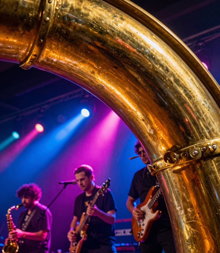 Dynamic low-angle shot of a brass section catching neon stage lights, musicians in motion, 35mm lens