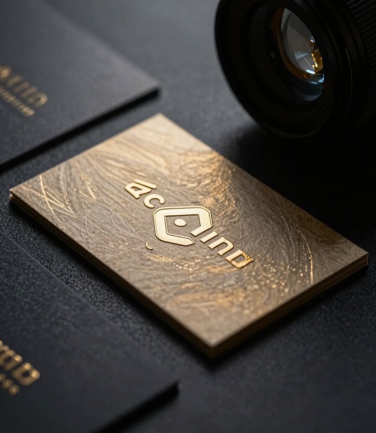 Close-up macro shot of premium embossed business cards resting on a dark obsidian surface, dramatic low-key studio lighting, gold foil accents catching a soft volumetric glow, 35mm lens.