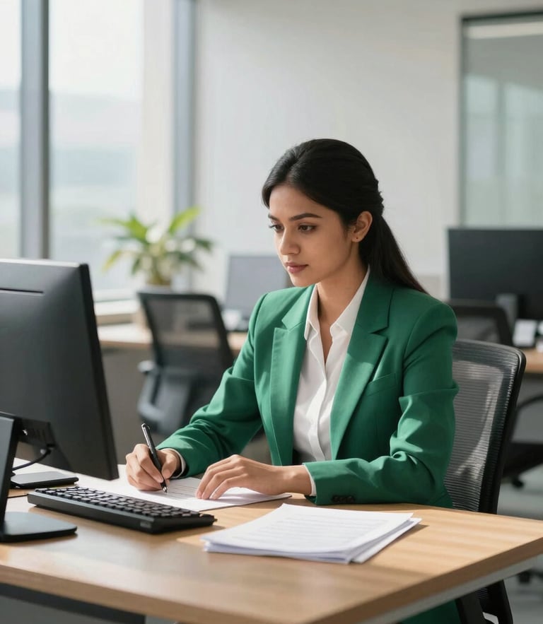 A clean, modern sunlit office in Bengaluru, a professional advisor sitting at a wooden desk with legal documents, soft natural light, shallow depth of field