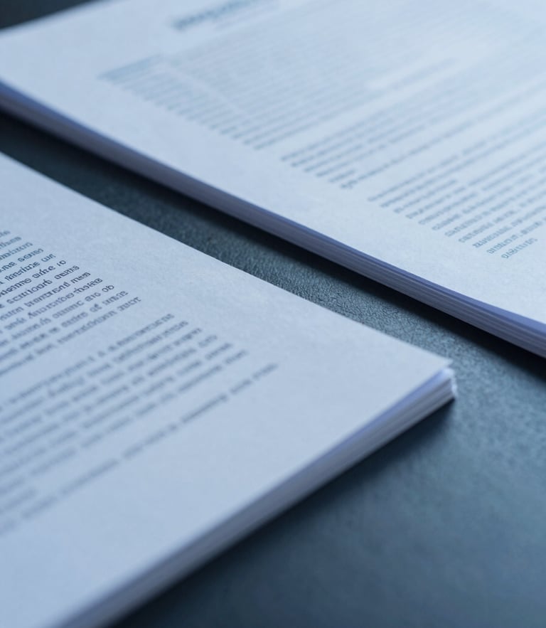 Crisp corporate photography, macro shot of professional documents being reviewed under cool diffused lighting, deep blue and slate tones, structured composition.