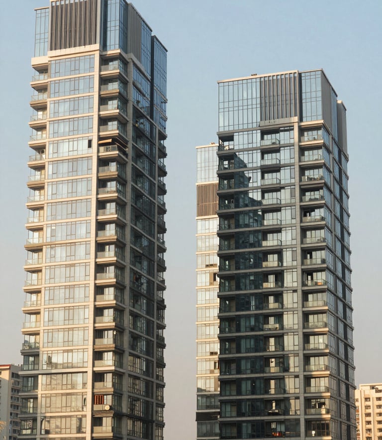 Straight-on architectural perspective of modern glass residential towers in Kharadi, bright afternoon sunlight, clean geometric lines