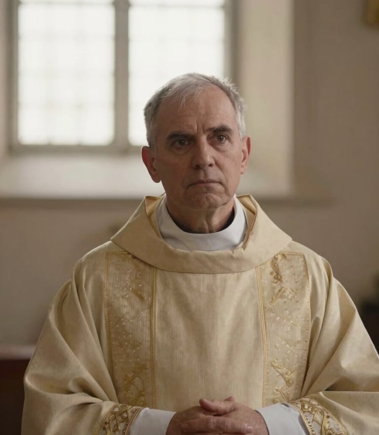 A warm portrait of a Catholic deacon in vestments, soft natural church window light, rich muted earth tones, shallow depth of field, 35mm