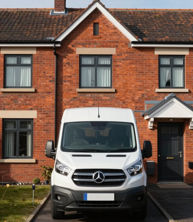 Straight-on eye-level photo of a modern red-brick Wigan terraced house with a large transit van parked cleanly in the private driveway under bright daylight.