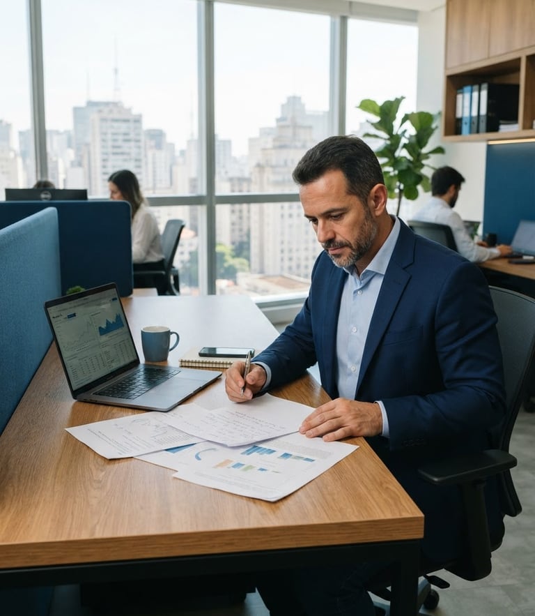 Modern workspace in São Paulo, a focused Brazilian business owner reviewing documents next to a laptop, bright natural daylight, clean corporate blue and warm wood tones, sharp focus, 35mm