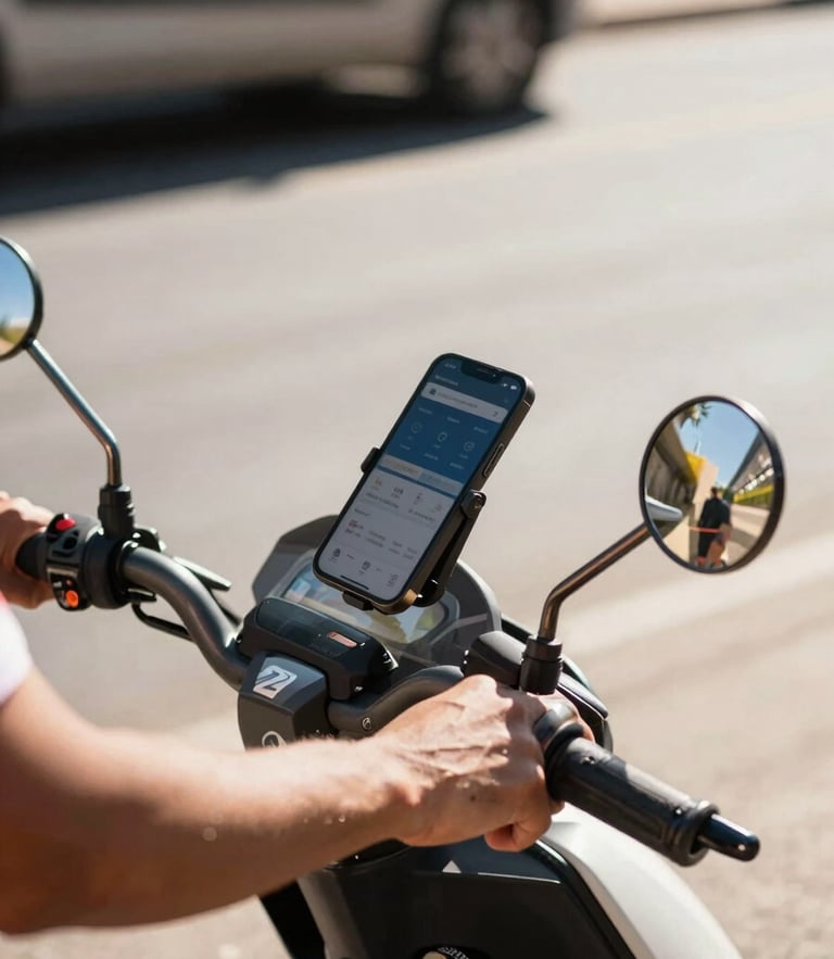A close-up of a delivery driver's hand on a motorcycle handlebar, digital wallet app visible on a mounted smartphone, bright South African daylight, high-contrast warm tones, 35mm.