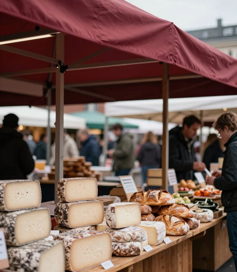 Soft Scandinavian overcast daylight shining on a bustling indoor food market hall, wooden vendor stalls with artisanal cheeses and fresh sourdough, rich crimson accents, shallow depth of field, 35mm