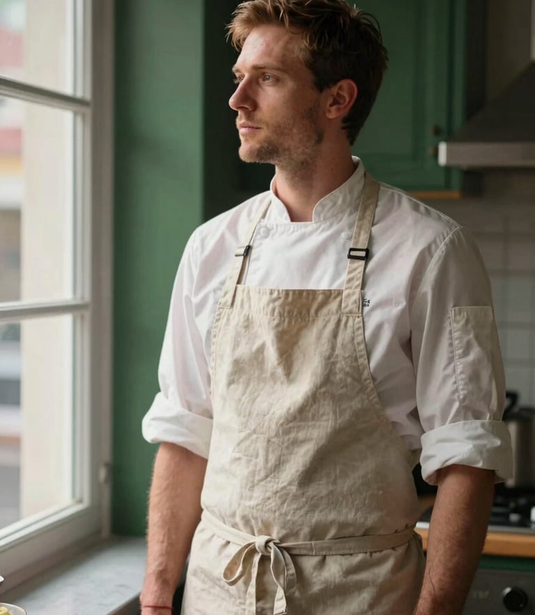Warm editorial portrait of a modern chef in a clean canvas apron standing by a kitchen window, soft Scandinavian side-lighting, rich green and crimson tones, 35mm.
