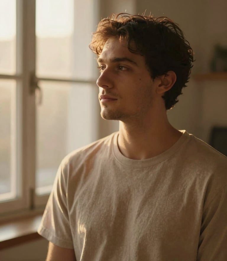 Warm environmental portrait of Adrian in a softly lit room with golden-hour window light, looking calm and supportive, shallow depth of field.