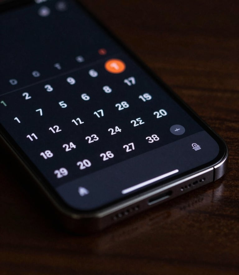 Extreme close-up of a modern Android phone screen displaying a clean, dark-mode calendar widget, soft screen glow reflecting on a dark wooden desk, moody ambient lighting, 50mm